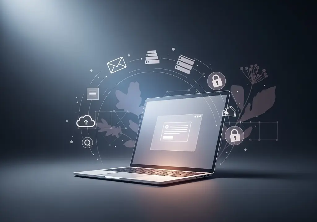 Professionele digitale nalatenschap - moderne apparaten en documenten in elegante, empathische setting