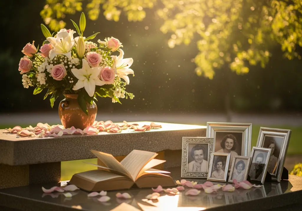 Herinneringen bewaren - foto&#39;s en persoonlijke voorwerpen in warme, empathische setting met bloemen en lich